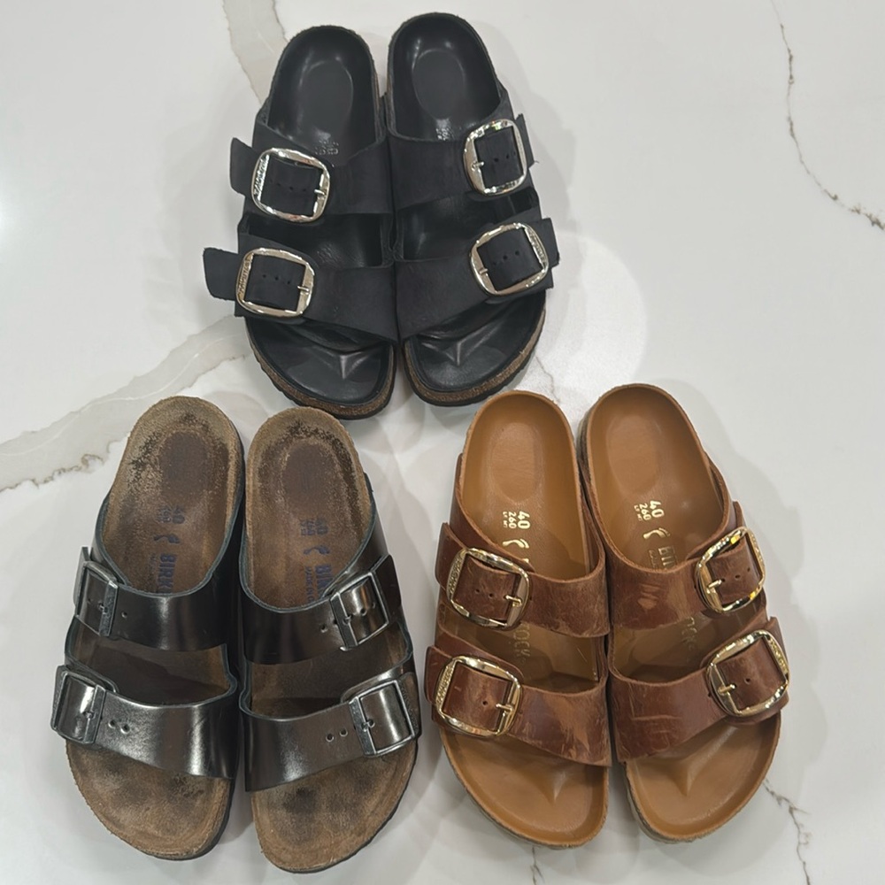 BIRKENSTOCKS! 3 pair. Graphite, British Tan and Black. All 3 size 40. Loved!!!